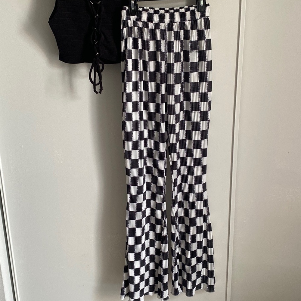 Nasty Gal Black and White Checkered Flared Pants